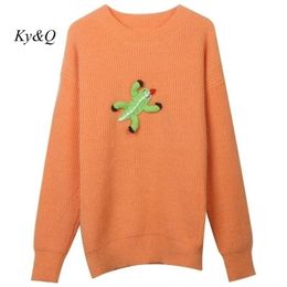 Womens Sweaters Autumn and Winter Women Orange Animal Embroidery Lazy Pullover Sweater Loose LongSleeved ONeck MidLength Knitted Top 220923