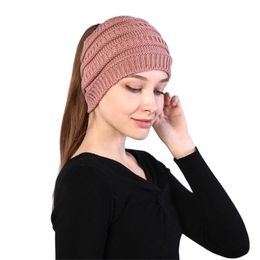 BeanieSkull Caps Women Autumn Winter Ponytail Beanie Hat Solid Color Lady Stretch Knitted Crochet Beanies Hat Cap For Women 220927