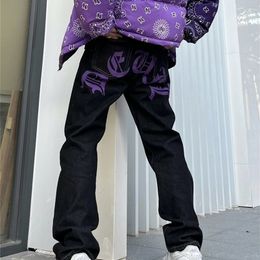 Jeans da uomo Jeans Y2k da uomo anacardi fiori viola streetwear pantaloni casual punk hip hop lettera stampa pantaloni larghi harajuku in denim dritto 220926