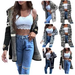 Women's Jackets Women's Autumn And Winter Fasion Striped Printed Retro Ethnic Cardigan Sweaters Casual Relaxed Hooded Jacket Coat