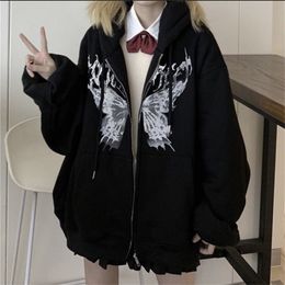 Damen Hoodies Sweatshirts Y2k Harajuku Hoodies Frauen Herbst Winter Hip Hop Reißverschluss Schmetterling Ästhetische Kapuzenpullover Weibliche Goth Punk Jacke Mantel 220926