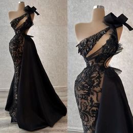 Evening Sexy Black Dresses Sequined Bead Crystal Mermaid Custom Made One Shoulder Prom Dress Train Sleeveless Formal Party Gowns