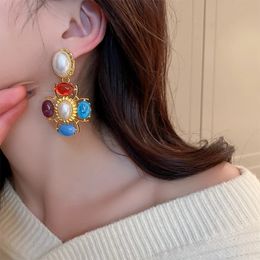 Dangle & Chandelier French court vintage color love contrast long earrings for women summer retro high-end red heart gorgeous fine jewelry