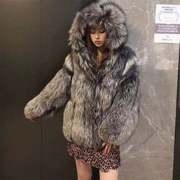 Womens Fur Faux Silver Coat Winter Thick Warm Hooded Jacket High Quality Coats and Jackets Fluffy Outerwear 220927