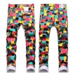 Men's Jeans Mens slimming fit stretch denim pants light luxury colorful printing jeans trendy casual street fashion for men 220927