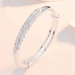 Bangle Fashion Silver Bracelet Retro Ethnic Exquisitely Carved Peacock Feather Pattern Opening Adjustable Unisex Gift