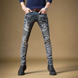 Men's Jeans Light Luxury Mens Slim fit Stretch Denim Pants Patchwork Decors Hole Ripped Moto Biker Retro Blue Pants 220927