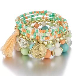 Colorful Gold Tassel macrame bracelet with charm with Multi-layer Rice Beads - Fashionable Beauty Head Jewelry for Women
