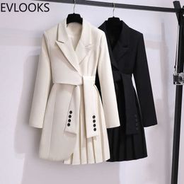 Trench Coats EVLOOKS Suit Dress Mid-length Jacket Style Waist Slimming Design Casual Loose Pleated Trench Coat New Women Autum Winter 2022 Y2209