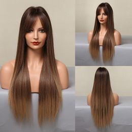 Long Straight Ombre Synthetic Wigs Bangs Heat Resistant Women Natural Cosplay wig