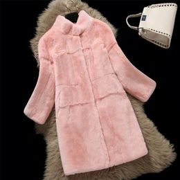 Women's Fur Faux winter stand collar whole skin natural Rex fur coat female nine points sleeves long outerwear coats women's clothing 220927