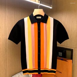 Men's Polos 2022 Men Summer Fashion Striped Patchwork Knit Polo Shirts Slim Mens Casual Turn-down Collar Button-up Tops A57