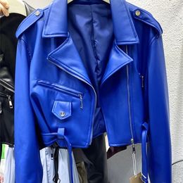 Women's Leather Faux Leather Women s Jackets Lautaro Spring Autumn Short Blue Soft Pu Leather Biker Jacket Women Zipper Long Sleeve Belt Cool Luxury Designer Clothes