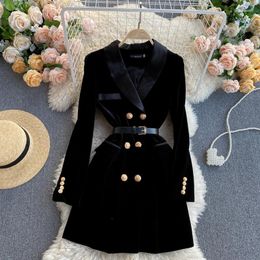winter trench coat dress UK - Casual Dresses Trench Coat For Women 2022 Winter Ladies Suit Collar British Style Double Breasted Slim Fit Velvet Black Dress Woman