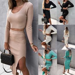 2022 Autumn Women Dress Suit Solid Color Thread Long Sleeve Fashion Sexy Split Long Skirt 2 Pieces Set