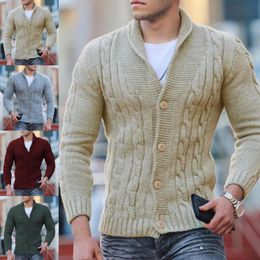 Men's Sweaters Men's Sweater Solid Colour Singlebreasted Twisted Texture Cardigan Lapel Slim Fit Buttoned VNeck Sweater for Autumn Winter 220928
