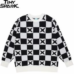 Men's Sweaters Men Harajuku Streetwear Knitted Sweater Retro Black White Plaid Hip Hop Pullover Autumn Cotton Casual Sweater Chequered 220928