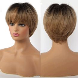 Short Synthetic Straight Wig Ombre Brown Natural Bangs Heat Resistant Women Hair wig