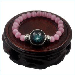 Beaded Strands New 8Mm Pink Cat Eye Opal Beads Bracelets For Women Men Jewellery 12 Constellations Zodiac Sign Snap Button Charm Pseir Dhpxe