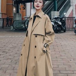 Trench Coats Khaki Long Trench England Style Knee-Length Loose Coats Women Spring Autumn Fashion Solid Colors Double Breasted Lapel Outwears Y2209