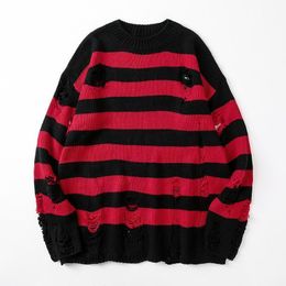 Men's Sweaters Black Stripe Sweaters Destroyed Ripped Sweater Men Pullover Hole Knit Jumpers Men Oversized Sweatshirt Harajuku Long Sleeve Tops 220928