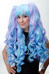 Popular 3-teilig Wig Braids Removable Cosplay Long Curly Blue Purple Mix wig