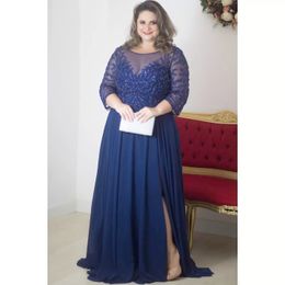 Arabic Navy Blue Sexy Of Bride Dresses Beaded Sheer Neck Chiffon Mother Groom Cheap Formal Party Evening Gowns