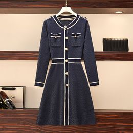 Runway Designer Women Single Breasted Sweater Dress Spring Autumn Green Plaid Knitting Bright Silk Vestido S-4Xl 219