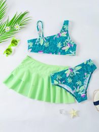 Women's Swimwear Kids Girls Bikini Swimsuit Set With Ruffle Cover Up Skirt Bathing Suit Asymmetrical Shoulder Straps Print Three Pieces