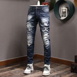 Stitch Details Accent Pre-Damaged Jeans Men Skinny Fit Ripped Bleach Wash Painted Cowboy Pants302V