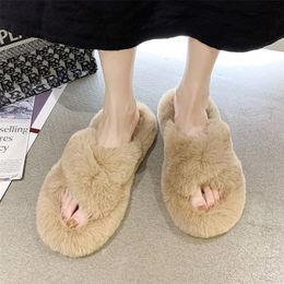 Slippers Winter House Women Fur Fashion Cross Band Warm Plush Ladies Fluffy Shoes Cozy Open Toe Indoor Fuzzy Slides For Girls 220926