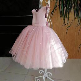 pink tull princess pearl flower girl's dresses backless pageant ball gown for girls birthday formal wedding party