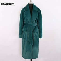 Women's Fur Faux Nerazzurri Winter Long Green Warm Soft Loose Fluffy Coat Women Belt Lapel Elegant Luxury Designer Korean Fashion 220928