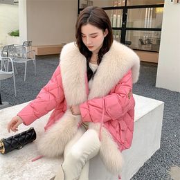 Womens Fur Faux Sailor Collar Bright Color down Jacket Coat Parka MidLength Young fur coat for women 220927