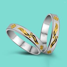 Cluster Rings Chic Silver Jewellery Women's 925 Sterling Ring Bohemian Style Inlaid 24K Gold Pattern Design Couple Wedding Gift