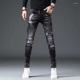 Men's Jeans Men's European And American Personality Paint Printing Black Gray Ripped Patch Stitch Stitching Elastic Foot Pants
