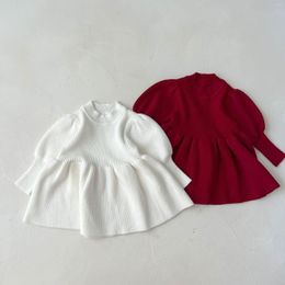 Girl Dresses 2022 Autumn Cute Baby Solid Puff Sleeves Knitting Dress Casual Ball Gown Knee-length Cotton Sweet Princess