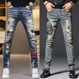 Men's Jeans Mens distressed beggar jeans dirty ripped denim pants embroidery hole slimming long homme 220927