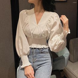 Women's Blouses Fashion Shirts Tops Women Solid Color V Neck Puff Sleeve Blouse Waist Tight Office Shirt Ladies Casual Spring Autumn 3