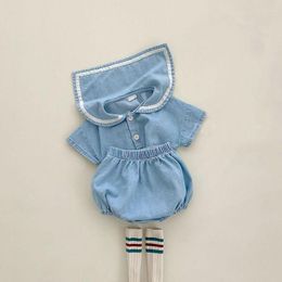 Kleidung Sets Süße Baby Mädchen Mode Sailor Kragen Einreiher Kurzarm T-shirt Und Lose Baumwolle PP Denim Shorts Set junge Anzug