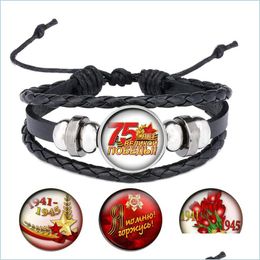 Charm Bracelets Great Patriotic War Victory Day Glass Cabochons Rope Bracelet Black Leather Snap Button Jewellery Men Giftsb057 Drop De Dhklj