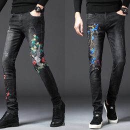 Men's Jeans Mens high quality embroidery jeans slimming stretch denim pants Chinese dragon black red crownedcrane casual 220927