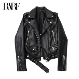 Women's Leather Faux Spring and Autumn faux leather PU jacket with belt women's lapel motorcycle black zip biker 220928