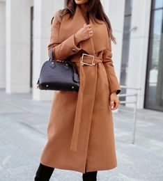 Trench Coats Casual Autumn Winter Women Wool Blends Coats Solid Colour Turn-down Collar Open Stitch Long Sleeve Belt Office Lady Long Coats Y2209