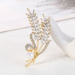 Crop Wheat Sheaf Brooch Pin Business Suit Tops Wedding Dress Corsage Pearl Rhinestone Brooches for Women Men Fashion Jewellery