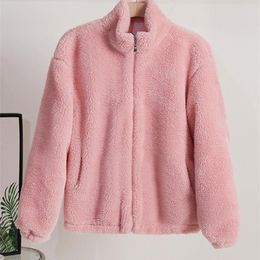 Womens Fur Faux ZADORIN Korean Style Winter Oversize Thick Warm Stand Collar Teddy Jacket Women Coat Casual Pink White Coats 220927