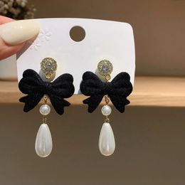 Dangle & Chandelier Beautiful Black Red Bowknot Oval Pearl Drop Earrings For Women Korean Style Autumn Winter Fashion Jewelry