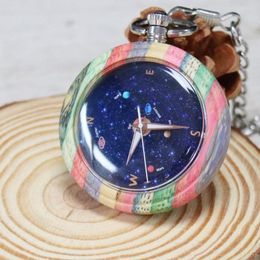 Pocket Watches Novel Colourful Bamboo Wood Quartz Watch Round Dial Wooden Pendant Clock Men Women With Chain