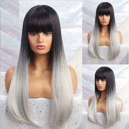 Long Synthetic Wig Bang Ombre Black White Natural Heat Resistant Women Fake Hair wig