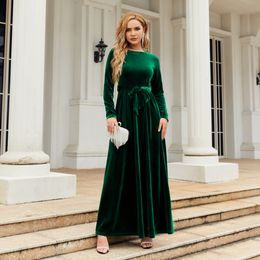 Even Dress Womens Round Neck Warp Long Sleeve Elegant Velvet Cocktail Maxi Dress with Belt Wedding Guest Dresses for Women